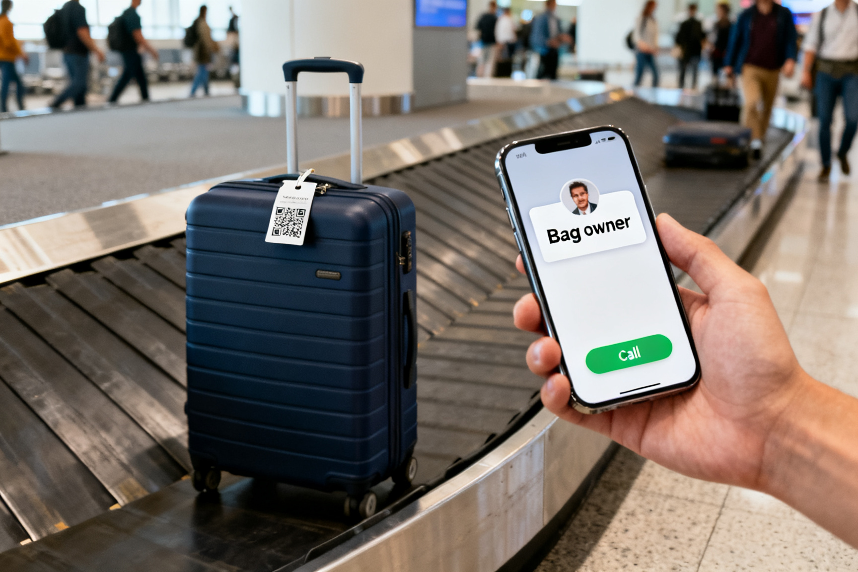 At an airport baggage carousel, a traveler scans the QR luggage tag on a suitcase with an iPhone.