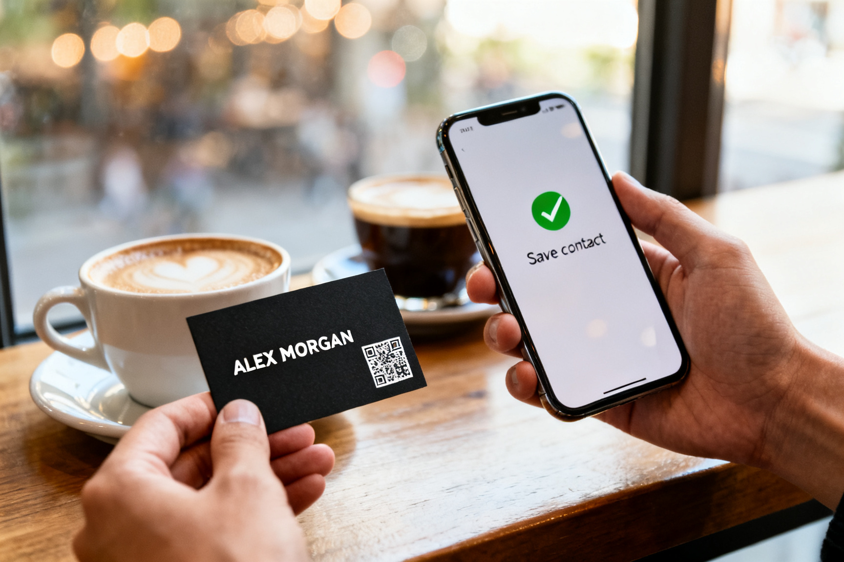 In a coffee shop, one person hands over a business card with a QR code while the other scans it with an iPhone.
