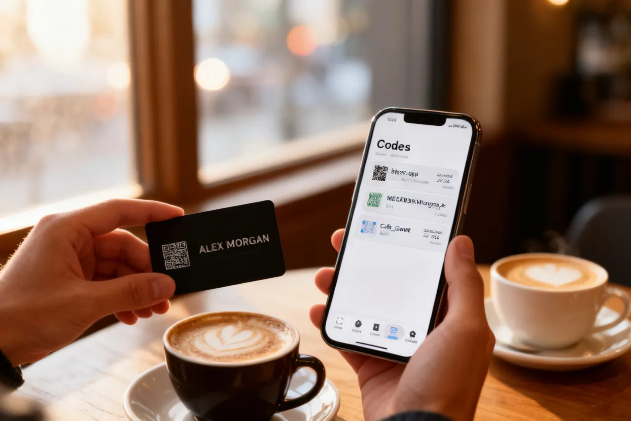 In a coffee shop, one person hands over a business card with a QR code while the other scans it with an iPhone.