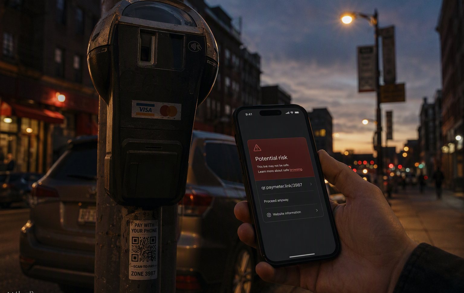 A parking meter with a QR sticker at dusk; a phone shows a red risk warning