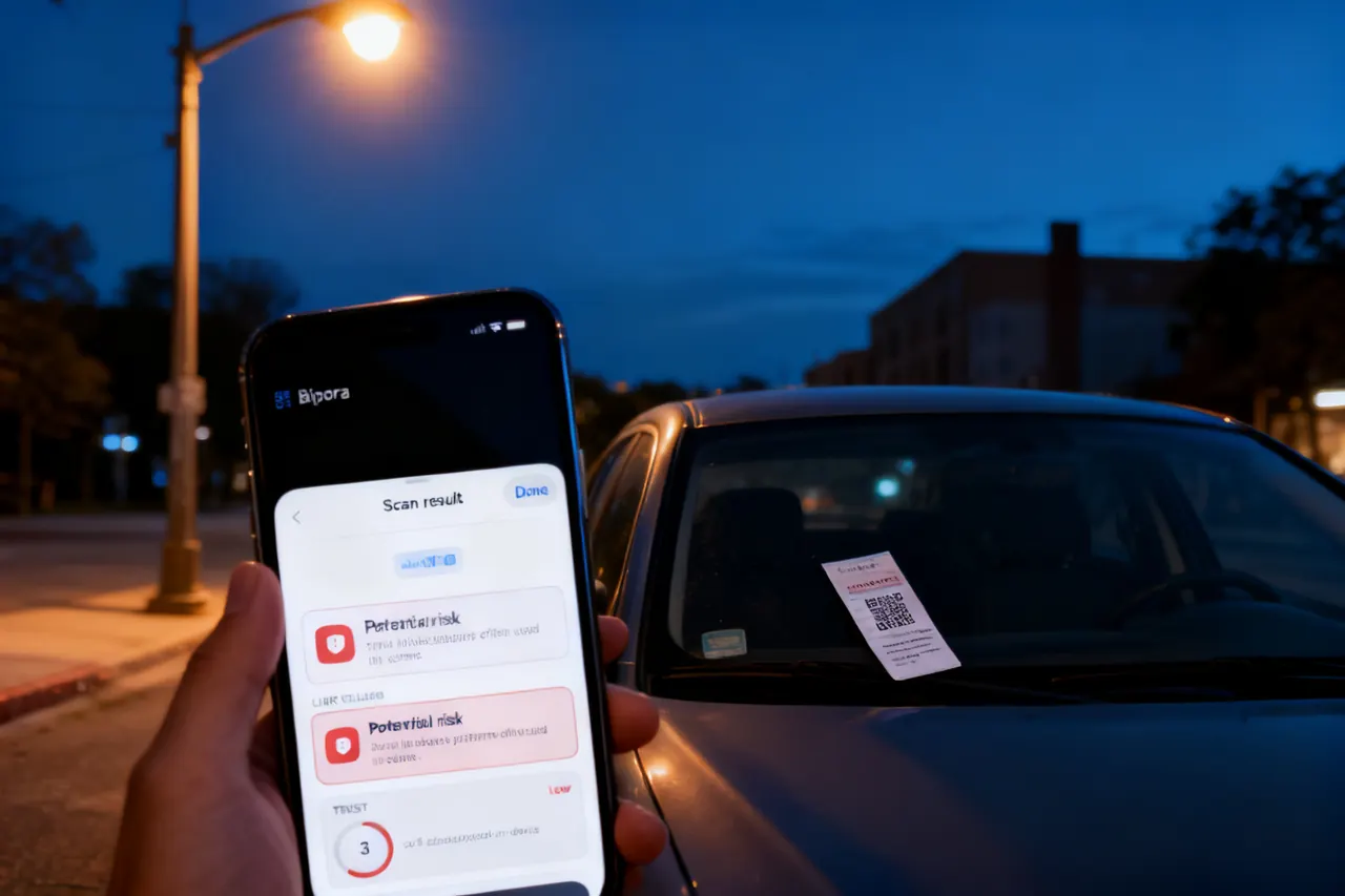 At night on a city street, a hand holds an iPhone up to scan a suspicious sticker on a parking meter.