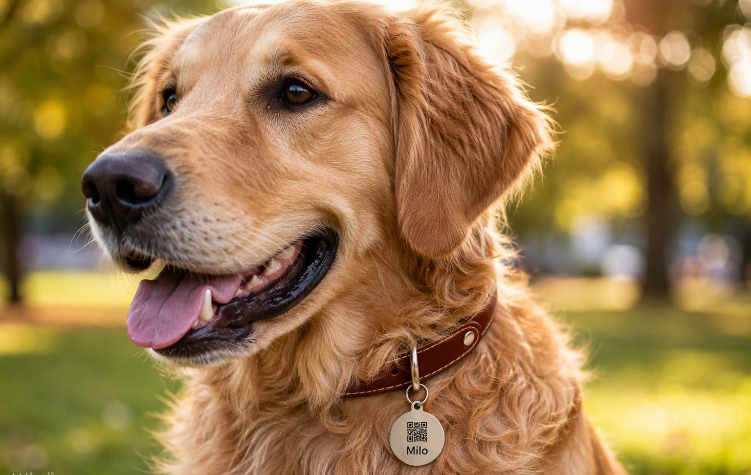 A golden retriever wearing a collar tag with a QR code
