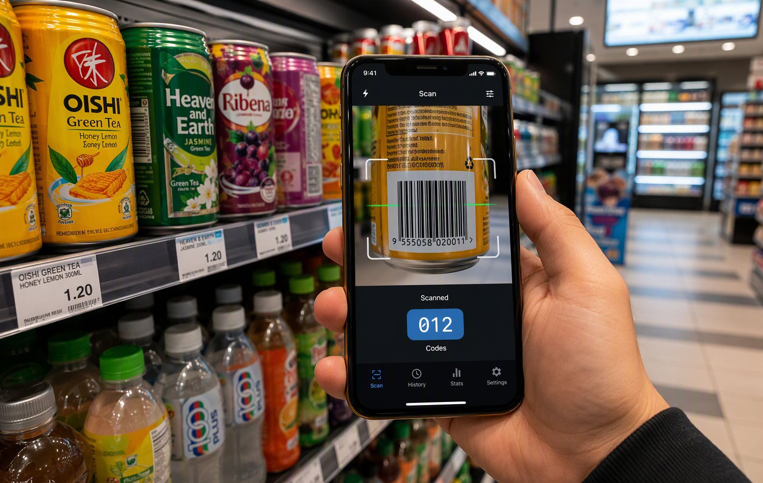 Batch-scanning a shelf of products; the app counts each code