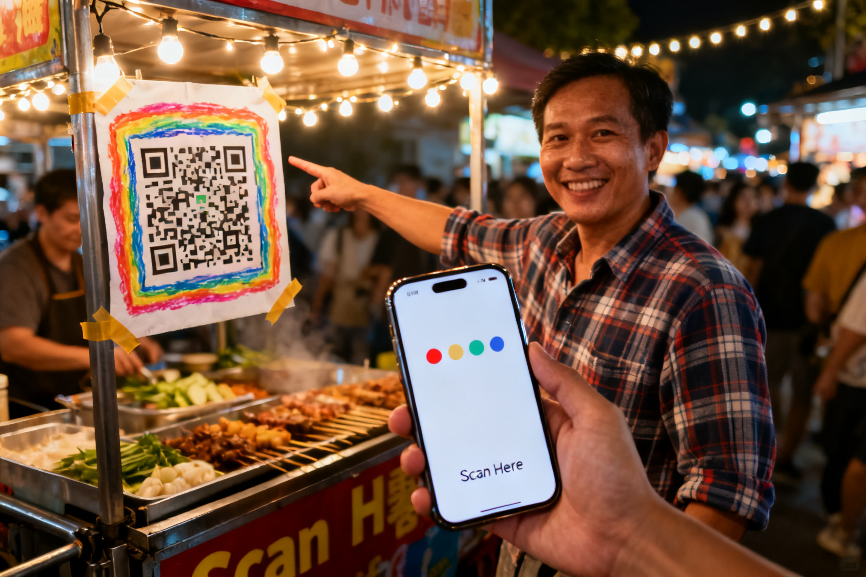 At a night-market food stall, a customer scans a hand-framed QR code on the cart to pay.