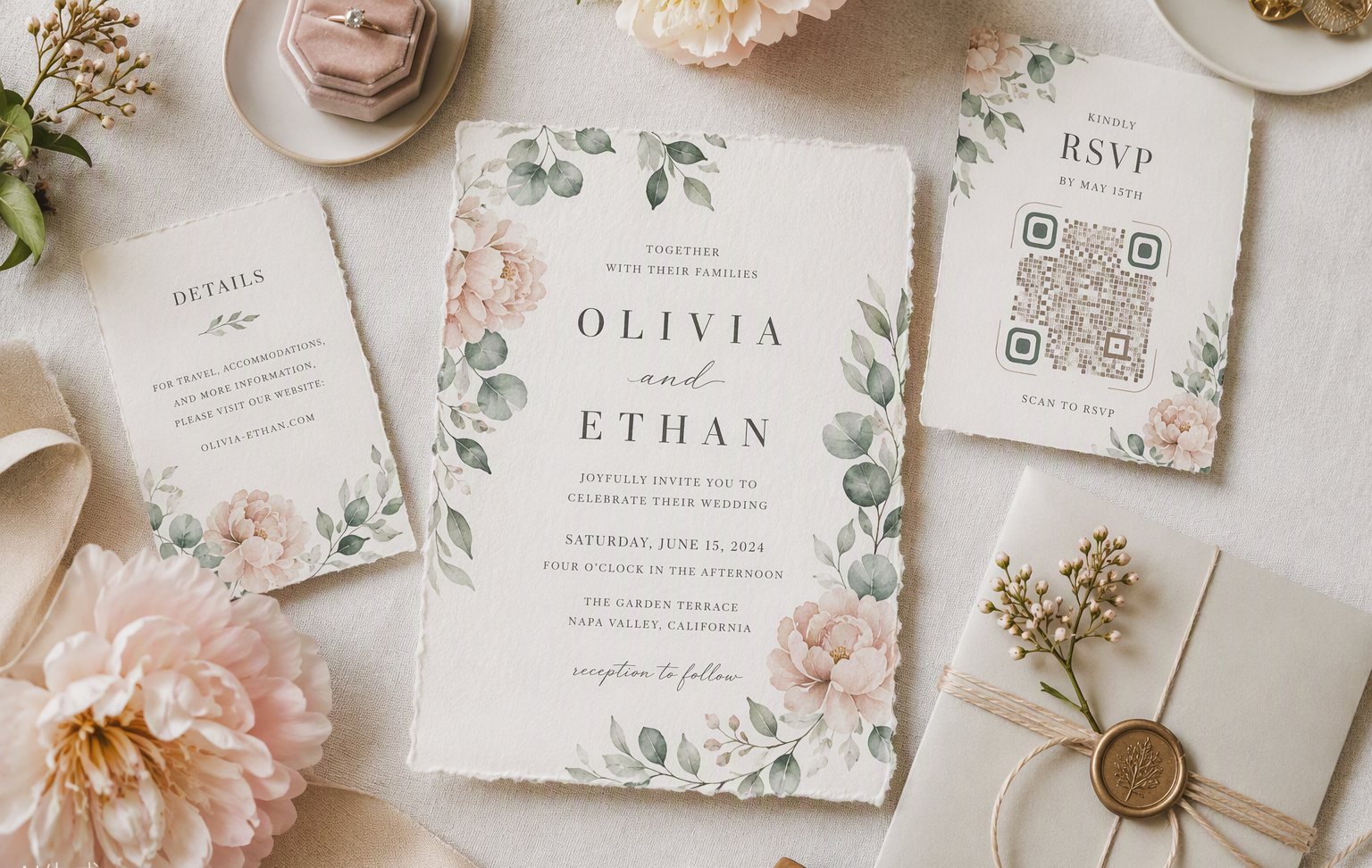 A wedding invitation suite with an RSVP card carrying a QR code