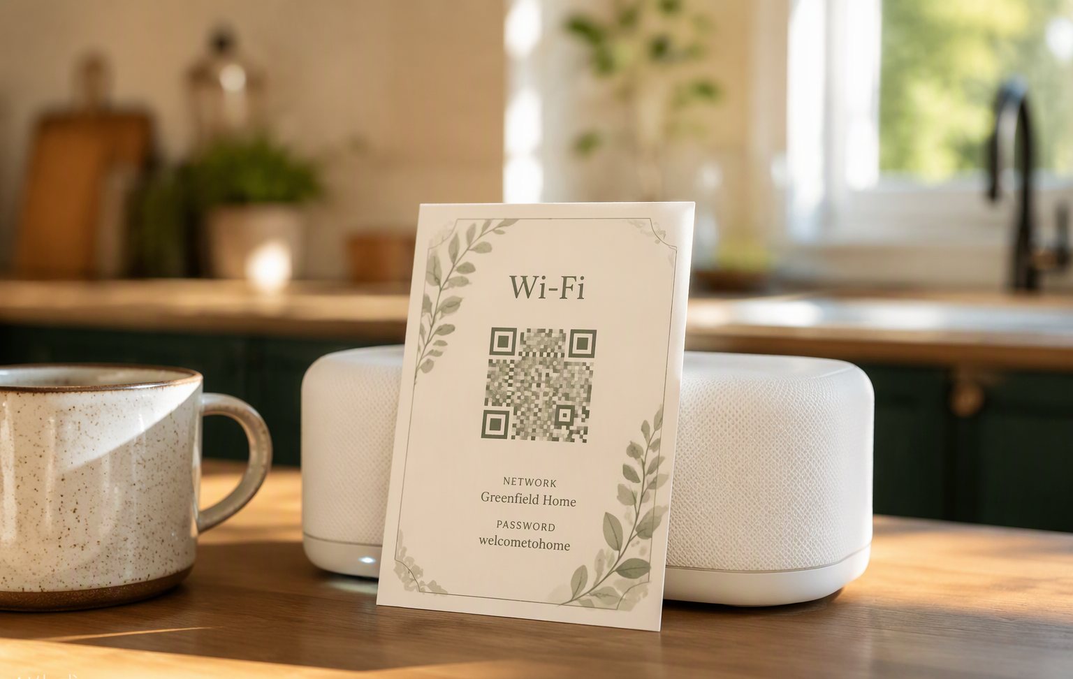 A printed Wi-Fi card with a QR code leaning on a home router